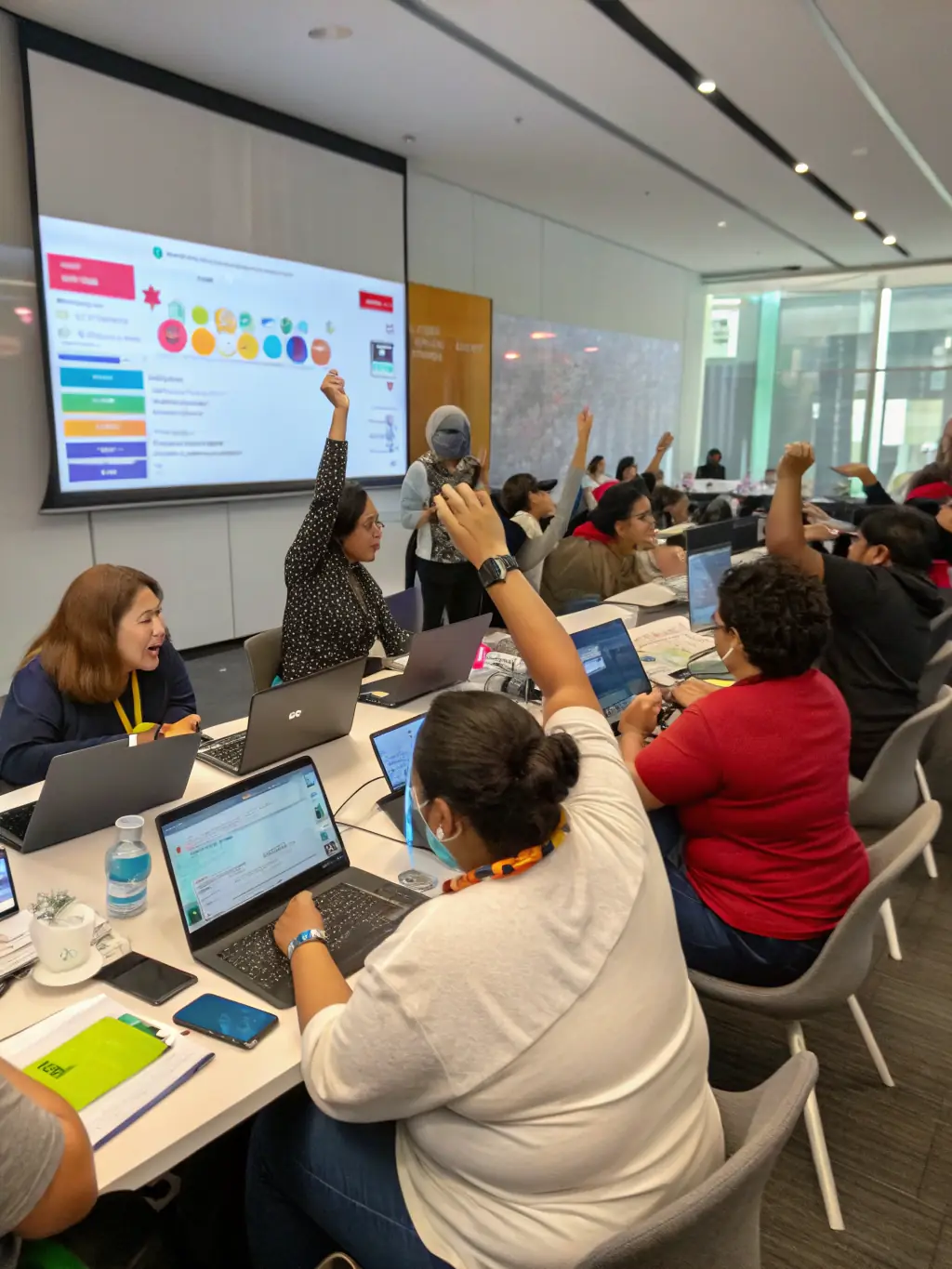 A diverse team participating in a STEM training session, highlighting talent development expertise at To the Nines Partners.