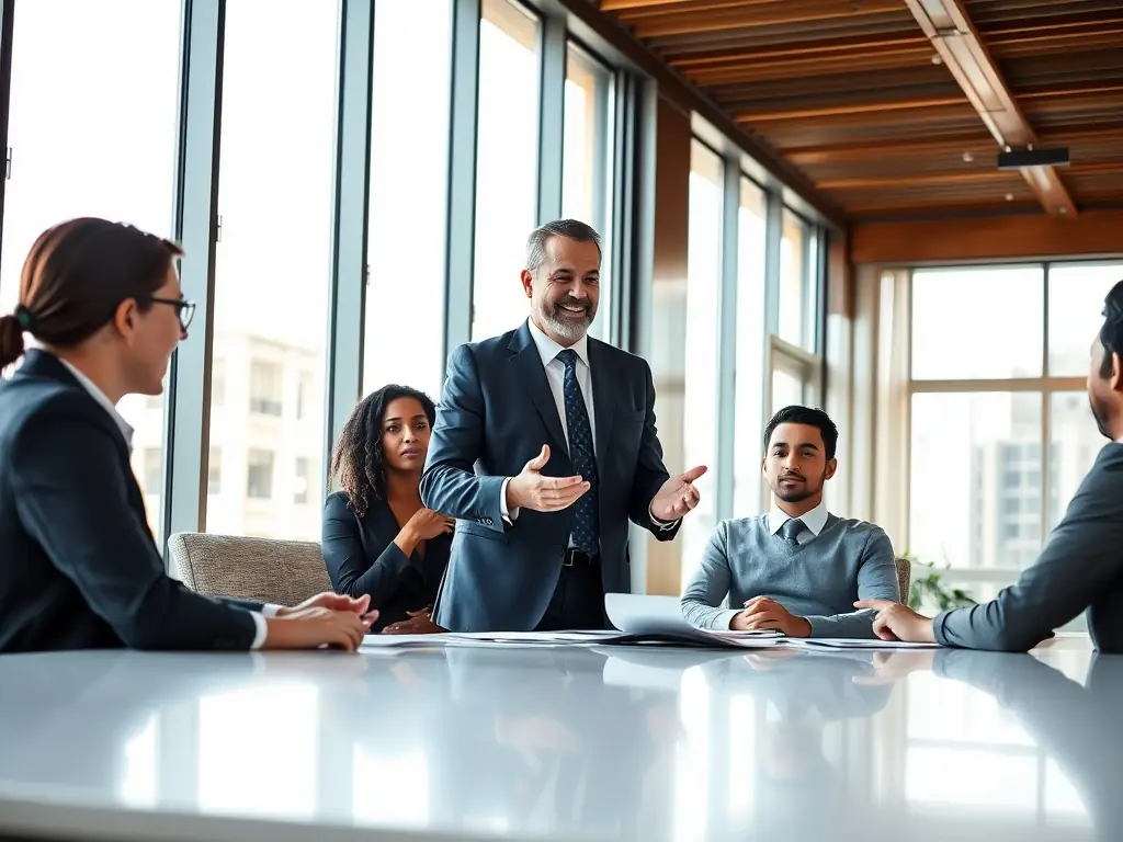 A consultant working with a team in a modern office setting, discussing strategies for organizational transformation. The atmosphere is collaborative and focused.