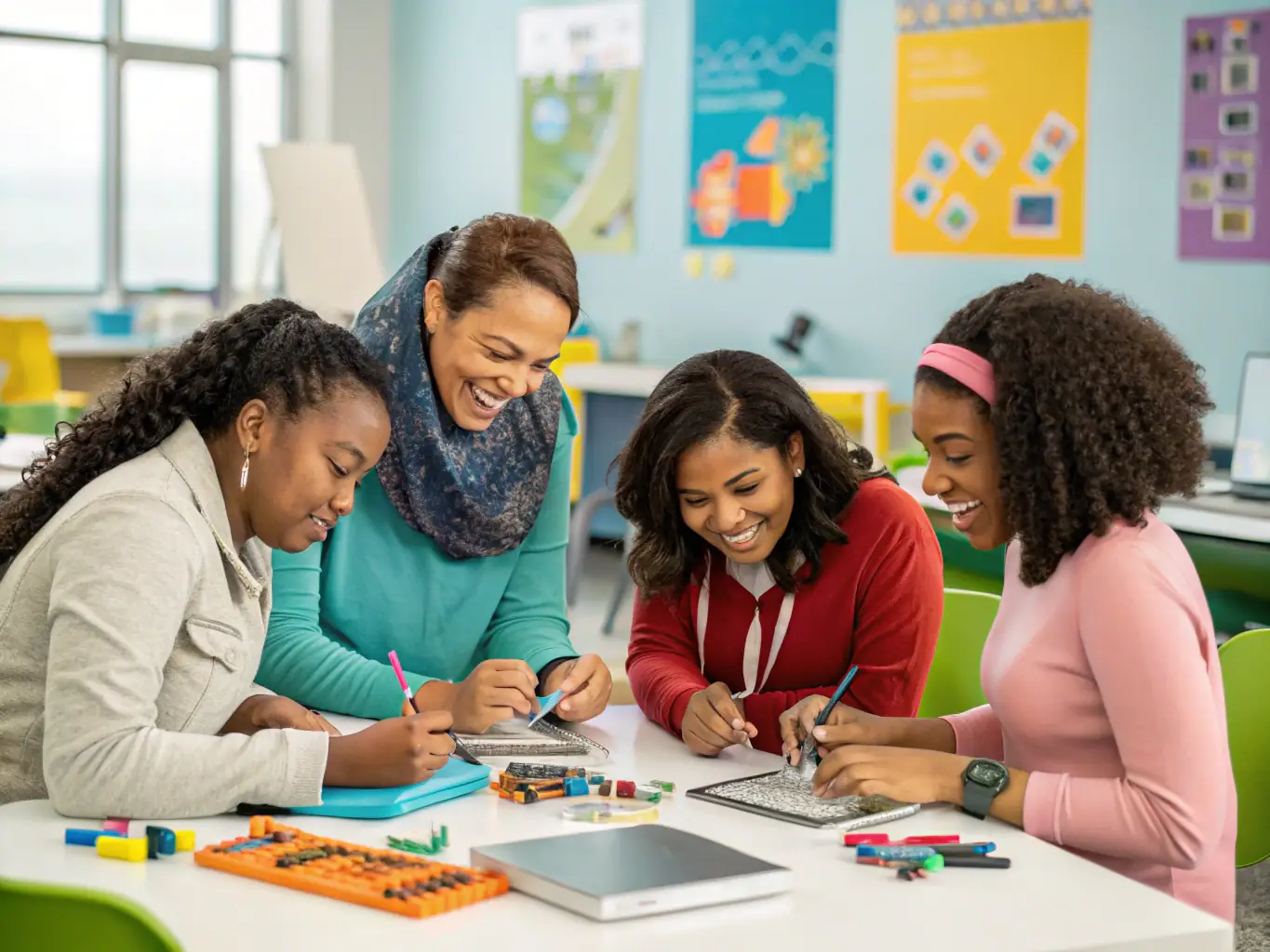 A diverse group of professionals participating in a STEM training workshop, engaging in hands-on learning activities. The setting is a modern, well-equipped training facility.