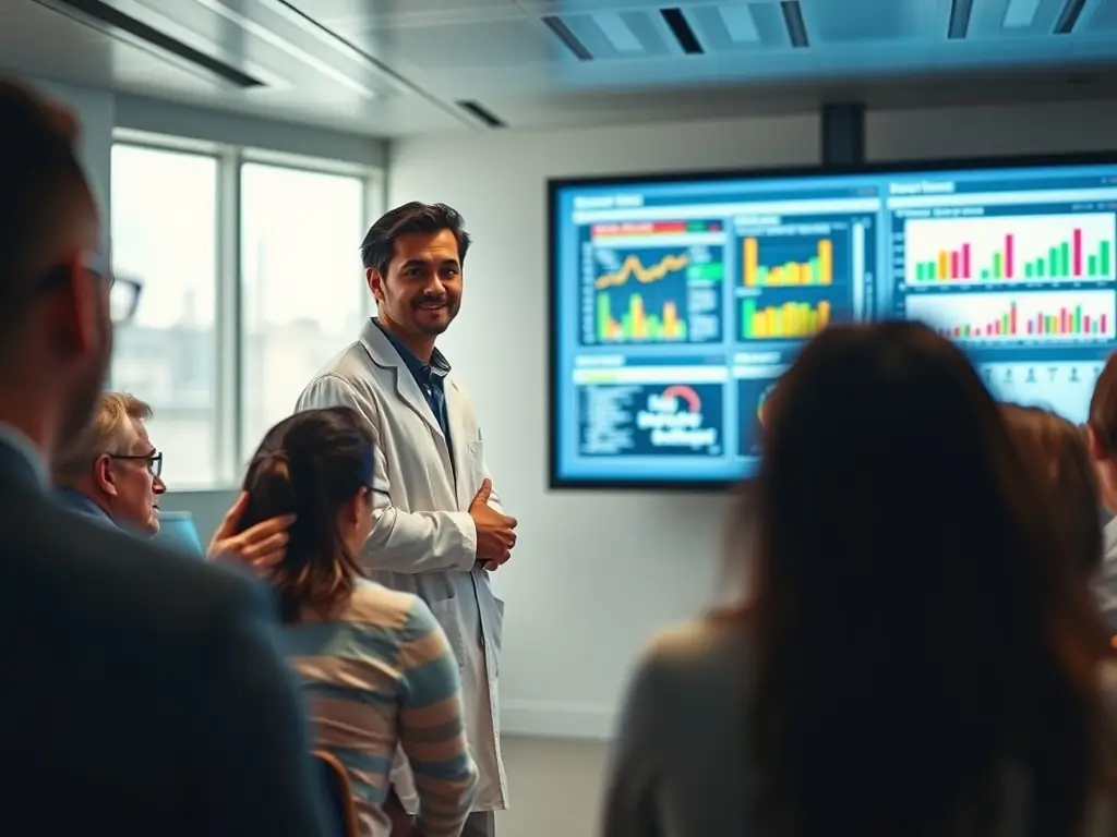 A scientist presenting complex data in an accessible format to a business audience, highlighting the practical implications of scientific findings.