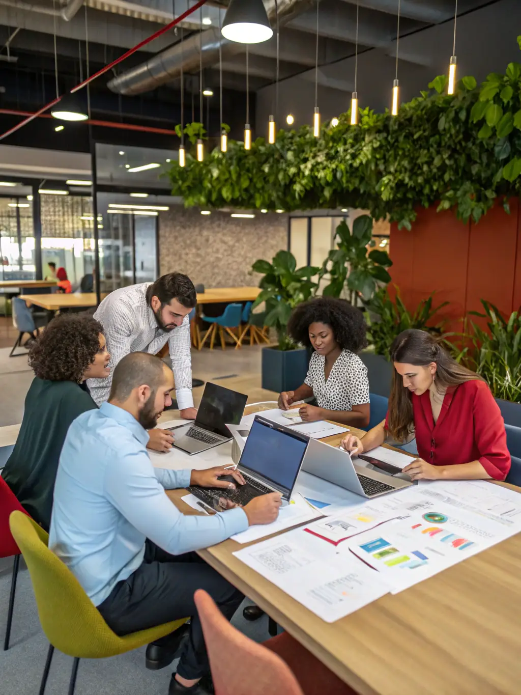 A group of professionals collaborating on a project in a modern office, symbolizing organizational transformation expertise at To the Nines Partners.
